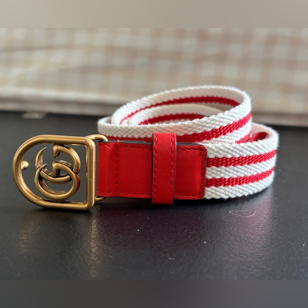Gucci Red and White Striped Belt with Gold GG Buckle